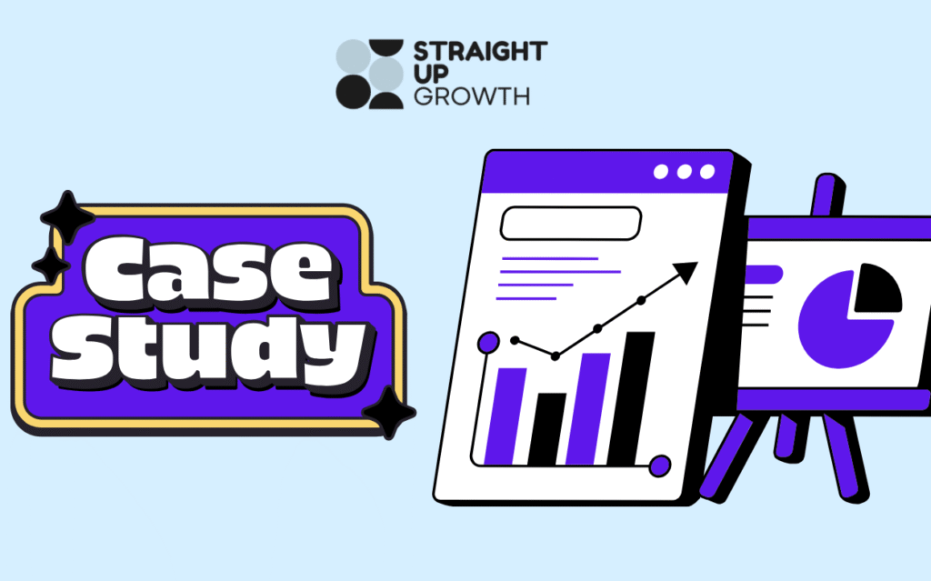 Graphic Illustration - Case Study Written in a box with stars in the corners and on the right is a chart showing growth and beside is a board which has a round chart on it