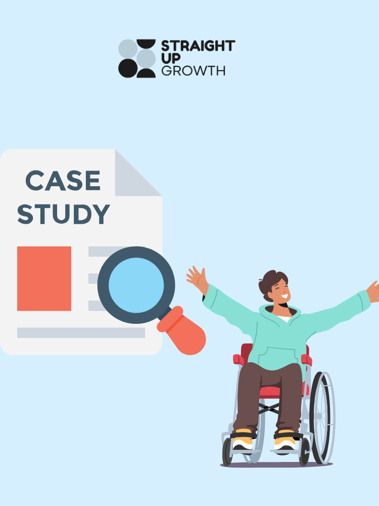 Graphic Illustration - A case study element with a magnifying glass beside a disable person sitting on a chair having fun