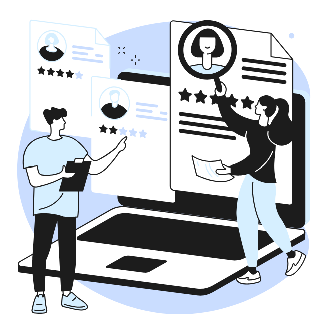 Graphic Illustration - A man and woman studying about reviews